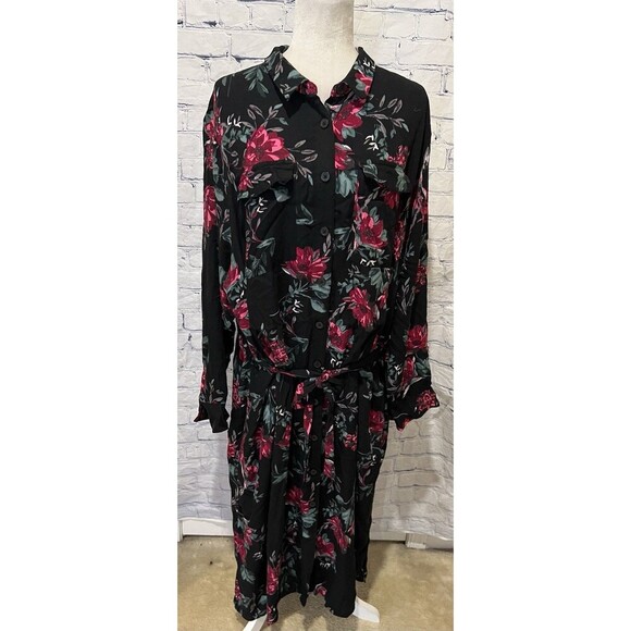 EVRI Long Floral Shirt Dress Rayon Stretch Waist Plus Size 3X - Picture 2 of 9